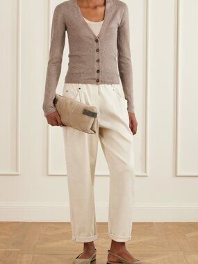 Brunello Cucinelli Monili Pants Beige Cotton Twill Shiny Bartack Size 10